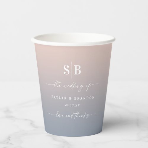Soft Ombre Blush Pink Dusty Blue Wedding Monogram Paper Cups