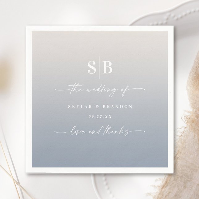 Soft Ombre Dusty Blue & Gardenia Wedding Monogram Napkins (Creator Uploaded)