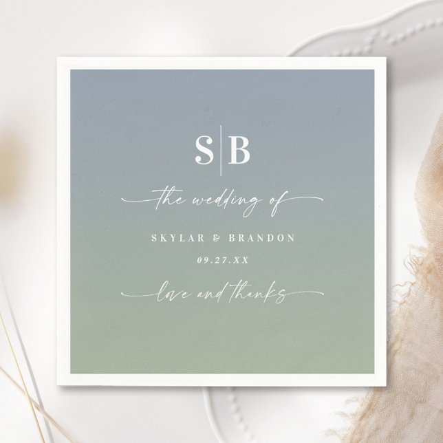 Soft Ombre Dusty Blue Leaf Green Wedding Monogram Napkins (Creator Uploaded)