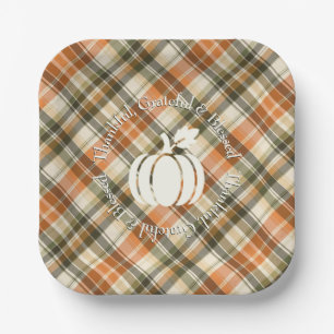 Soft Orange, Green & Cream Plaid with Pumpkin Paper Plates