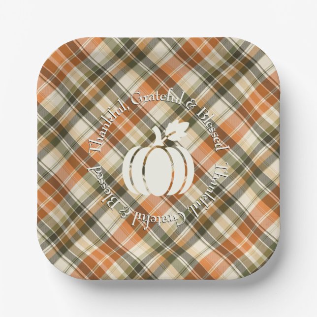 Soft Orange, Green & Cream Plaid with Pumpkin Paper Plates (Front)