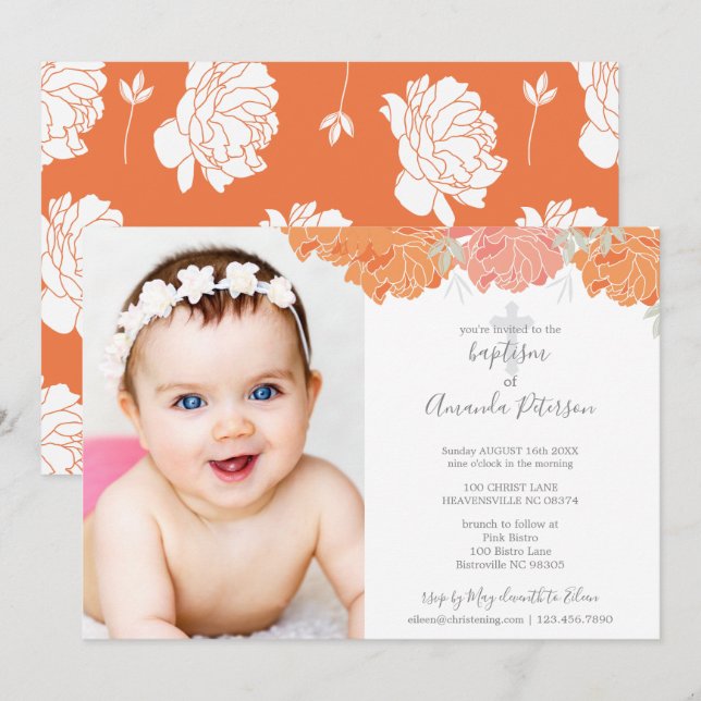 Soft Orange & Peach Peonies Cross Girl Baptism Invitation (Front/Back)