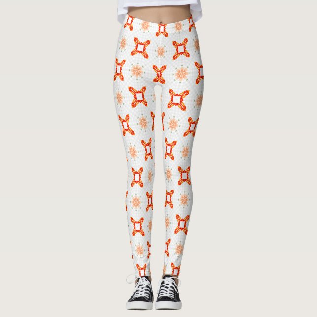 Soft Orange-Red Floral & Frame Pattern Leggings (Front)