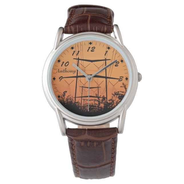 Soft orange sunset over high tension power lines watch (Front)