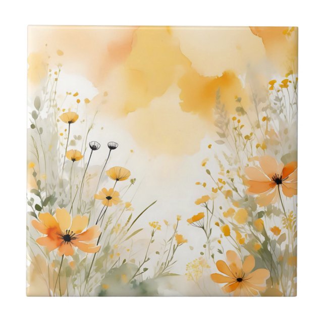 Soft Orange Watercolor Wildflowers Ceramic Tile (Front)