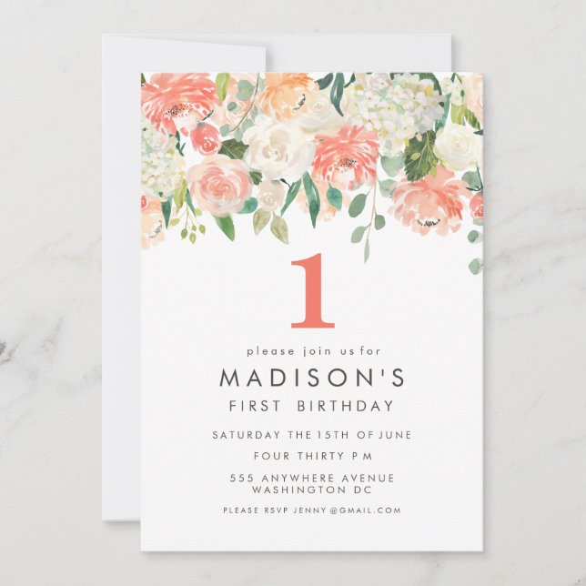 Soft Painted Floral Girls 1st Birthday Invite (Front)