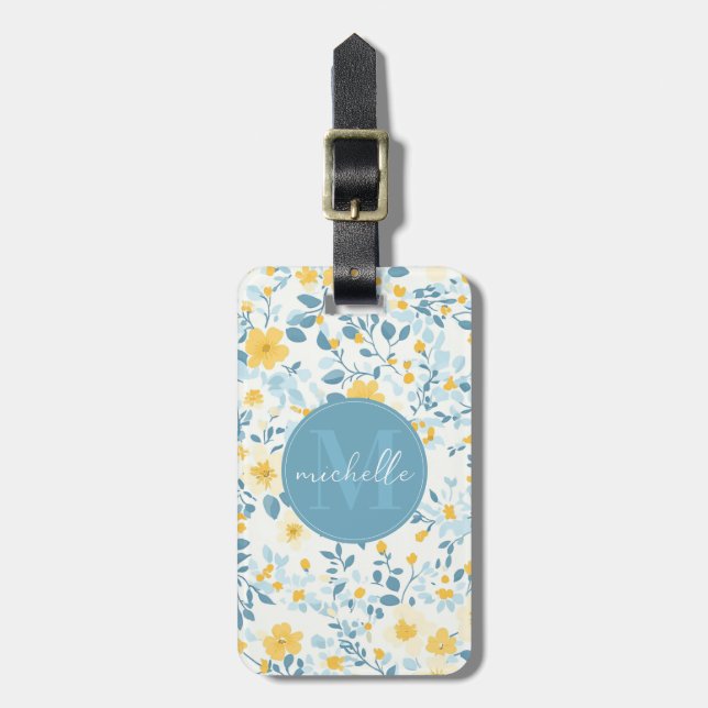 Soft Pale Blue Yellow White Flowers Luggage Tag (Front Vertical)