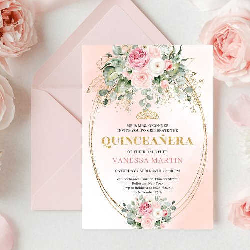 Soft Pale Pink Floral Bohemian Quinceañera Invite