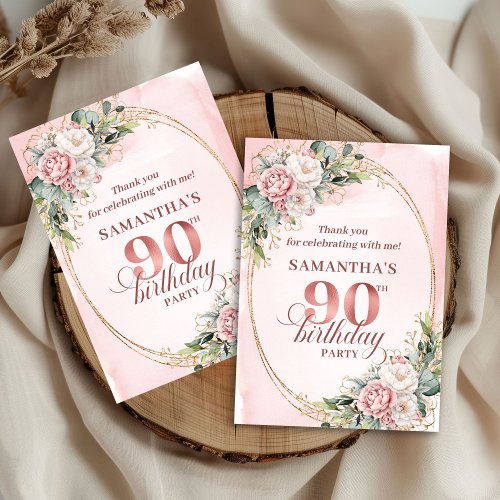 Soft Pale Pink Gold Greenery 90th Birthday Thanks