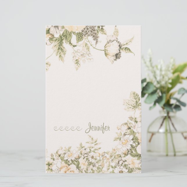 Soft Pale Pink Sage Cream Botanical Floral | Stationery (Standing Front)