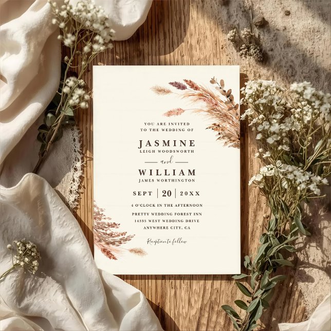 Soft Pampas Botanical Boho QR Code Wedding Invitation (Creator Uploaded)