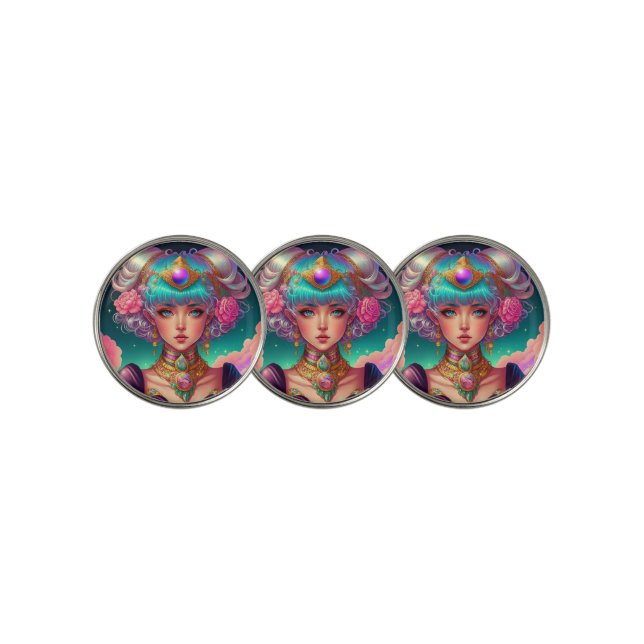 Soft Pastel Anime Girl Golf Ball Marker (3 Up)