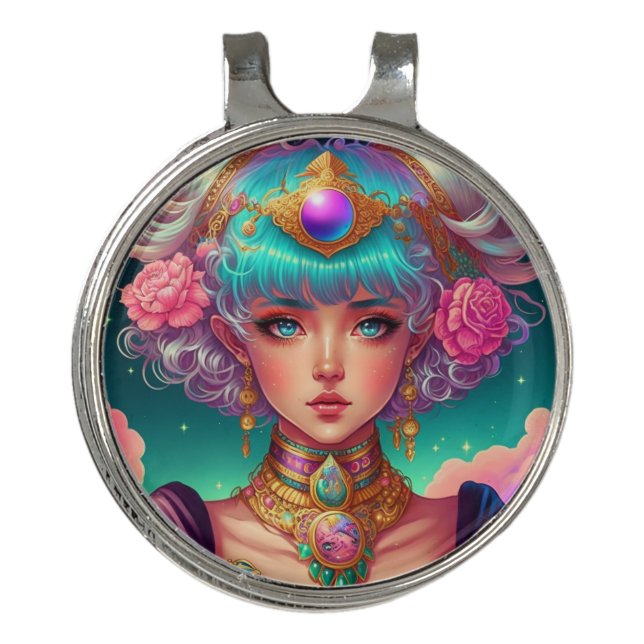 Soft Pastel Anime Girl Golf Hat Clip (Front)