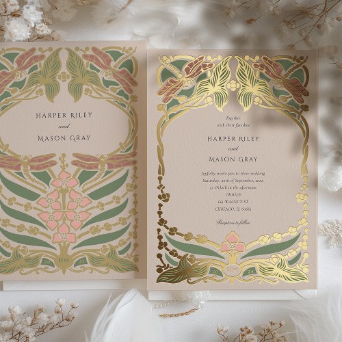 Soft Pastel Art Nouveau Dragonfly Wedding Foil Invitation