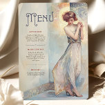 Soft Pastel Art Nouveau Wedding Menu Card<br><div class="desc">Enhance your wedding decor with this stunning Art Nouveau-inspired menu card, featuring a graceful woman in a flowing pastel gown highlighted by shimmering gold accents. The ethereal backdrop of soft blues, whites, and golden hues creates a dreamy and romantic atmosphere. Perfectly suited for vintage, classic, or celestial-themed weddings, this menu...</div>