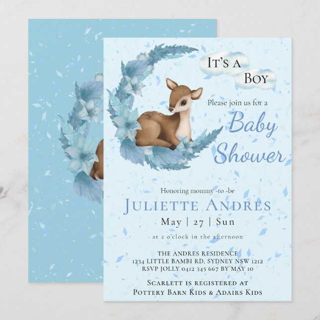 Soft Pastel Bambi Flowers Clouds Dust Baby Shower  Invitation (Front/Back)