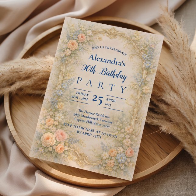 Soft Pastel Baroque Floral 90th Birthday Invitation (Creator Uploaded)