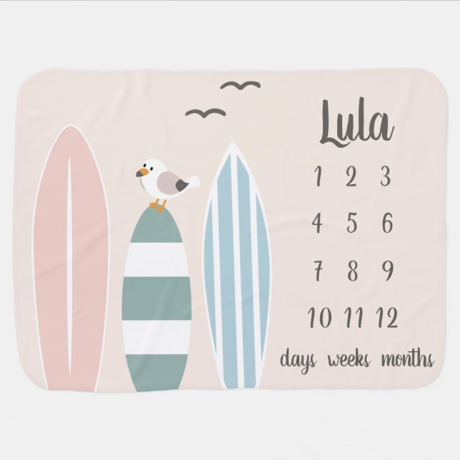 Soft Pastel Beach Surfer Milestone Baby Blanket (Horizontal)