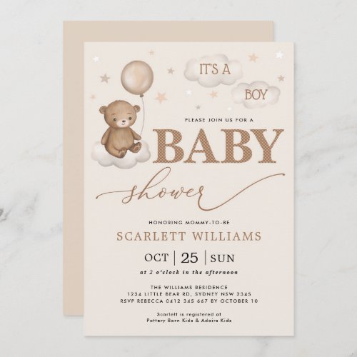 Soft Pastel Bear Balloon Clouds Stars Baby Shower Invitation