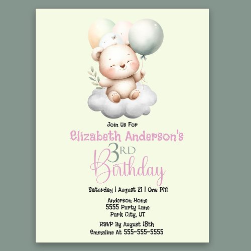 Soft Pastel Bear With Balloons Girls 3rd Birthday Invitation