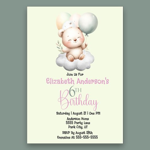 Soft Pastel Bear With Balloons Girls 6th Birthday Invitation