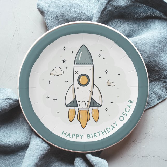 Soft Pastel Beige Rocket Ship Paper Plates (Creator Uploaded)