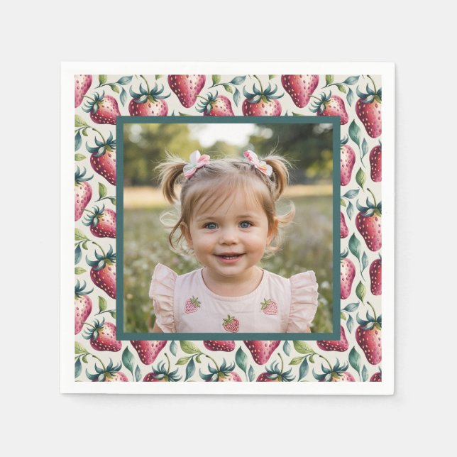 Soft Pastel Berry Sweet Strawberry Birthday Photo Napkins (Front)