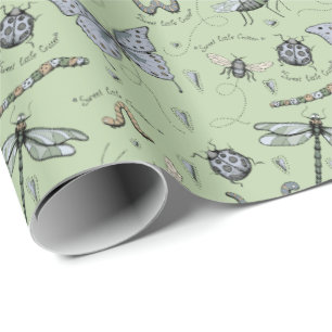 Soft Pastel Blue and Green Boho Baby Bugs Baby Wrapping Paper