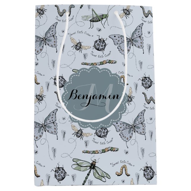 Soft Pastel Blue Boho Baby Bugs Kids & Baby Medium Gift Bag (Front)