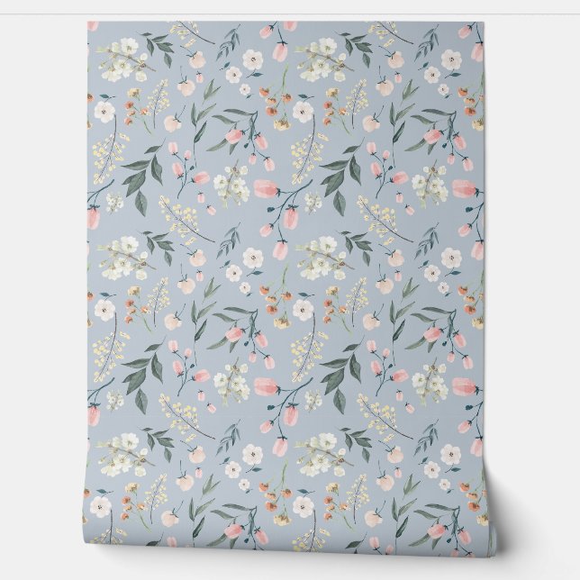 Soft Pastel Blue Botanical Floral Watercolor Wallpaper (Unrolling)