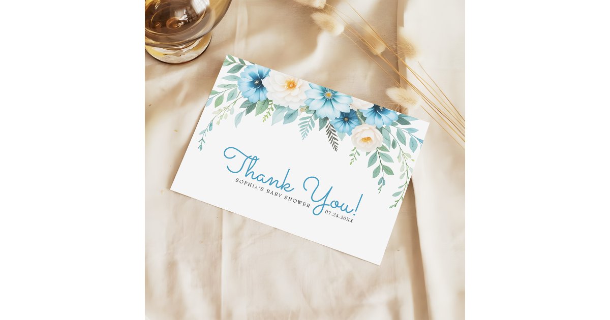 Soft Pastel Blue Floral Baby Shower Thank You Card | Zazzle