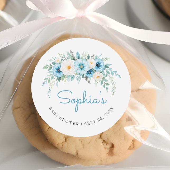 Soft Pastel Blue Floral Elegant Baby Shower Favor Classic Round Sticker (Creator Uploaded)