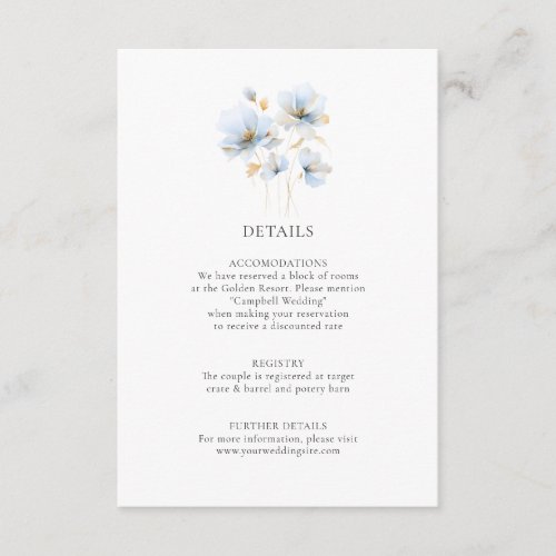 Soft Pastel Blue Gold Wild Flowers DETAILS Wedding Enclosure Card