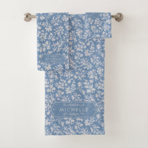Soft Pastel Blue & Gray White Floral Boho Pattern Bath Towel Set
