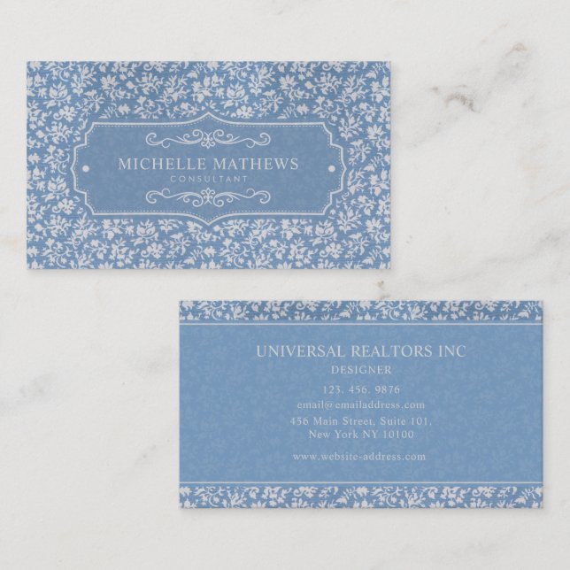 Soft Pastel Blue & Gray White Floral Boho Pattern Business Card (Front/Back)