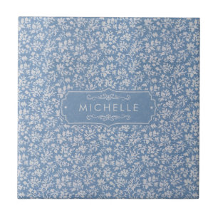Soft Pastel Blue & Gray White Floral Boho Pattern Ceramic Tile