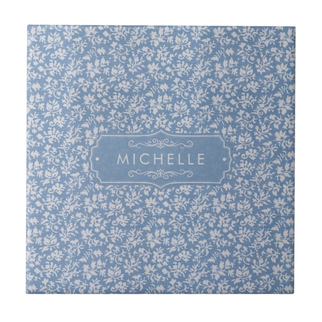 Soft Pastel Blue & Gray White Floral Boho Pattern Ceramic Tile (Front)