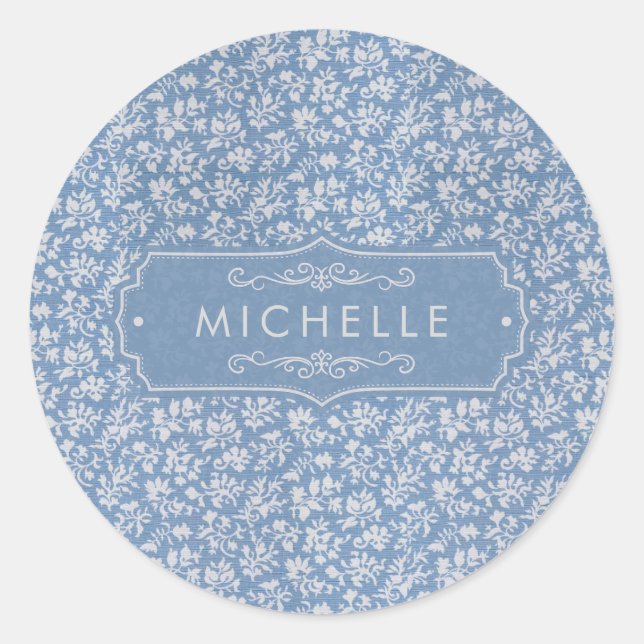 Soft Pastel Blue & Gray White Floral Boho Pattern Classic Round Sticker (Front)