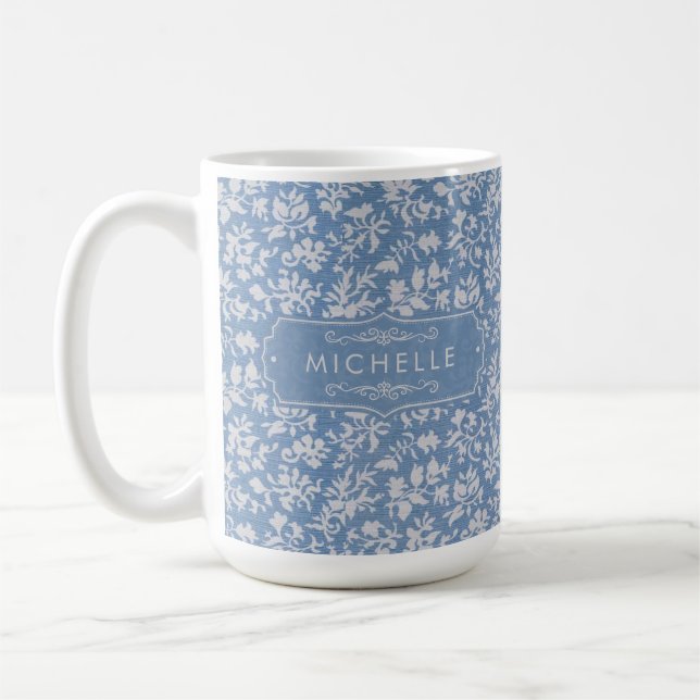 Soft Pastel Blue & Gray White Floral Boho Pattern Coffee Mug (Left)