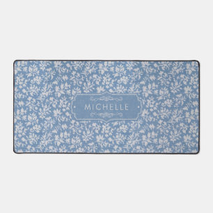 Soft Pastel Blue & Gray White Floral Boho Pattern Desk Mat