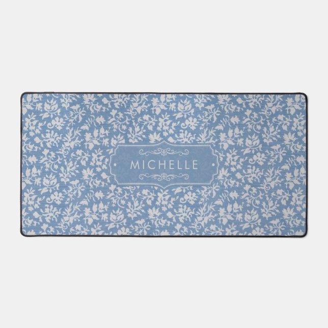 Soft Pastel Blue & Gray White Floral Boho Pattern Desk Mat (Front)