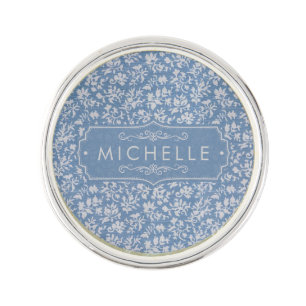 Soft Pastel Blue & Gray White Floral Boho Pattern Lapel Pin
