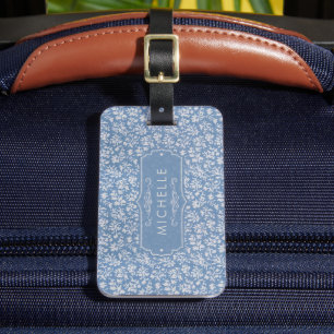 Soft Pastel Blue & Gray White Floral Boho Pattern Luggage Tag