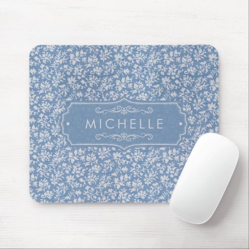 Soft Pastel Blue & Gray White Floral Boho Pattern Mouse Pad
