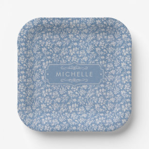 Soft Pastel Blue & Gray White Floral Boho Pattern Paper Plates