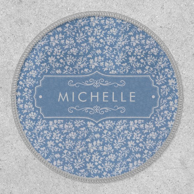 Soft Pastel Blue & Gray White Floral Boho Pattern Patch (Front)