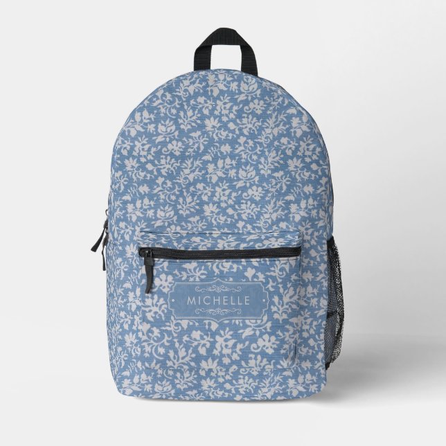 Soft Pastel Blue & Gray White Floral Boho Pattern Printed Backpack (Front)