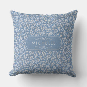 Soft Pastel Blue & Gray White Floral Boho Pattern Throw Pillow
