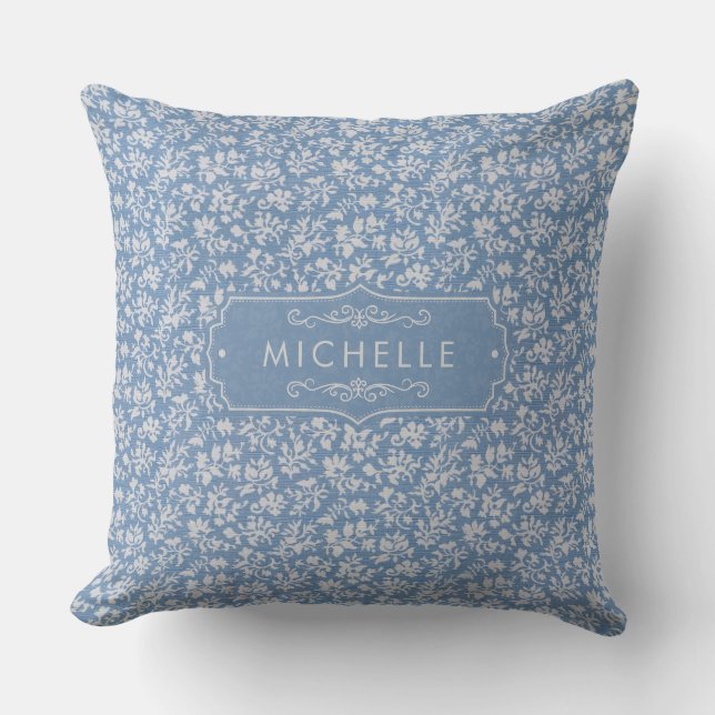 Soft Pastel Blue & Gray White Floral Boho Pattern Throw Pillow (Front)