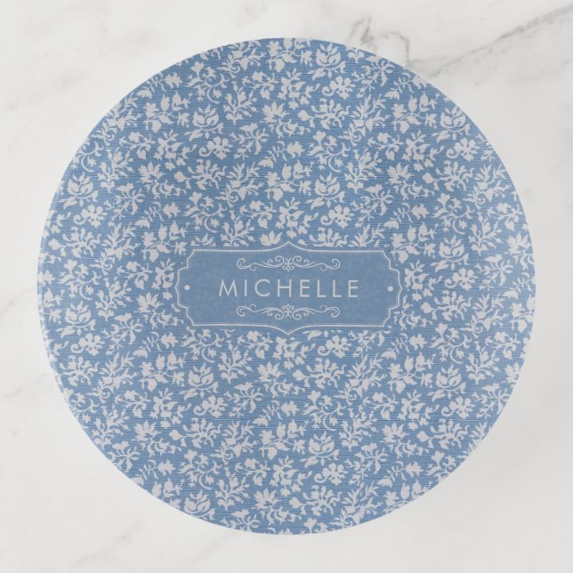 Soft Pastel Blue & Gray White Floral Boho Pattern Trinket Tray (Front)